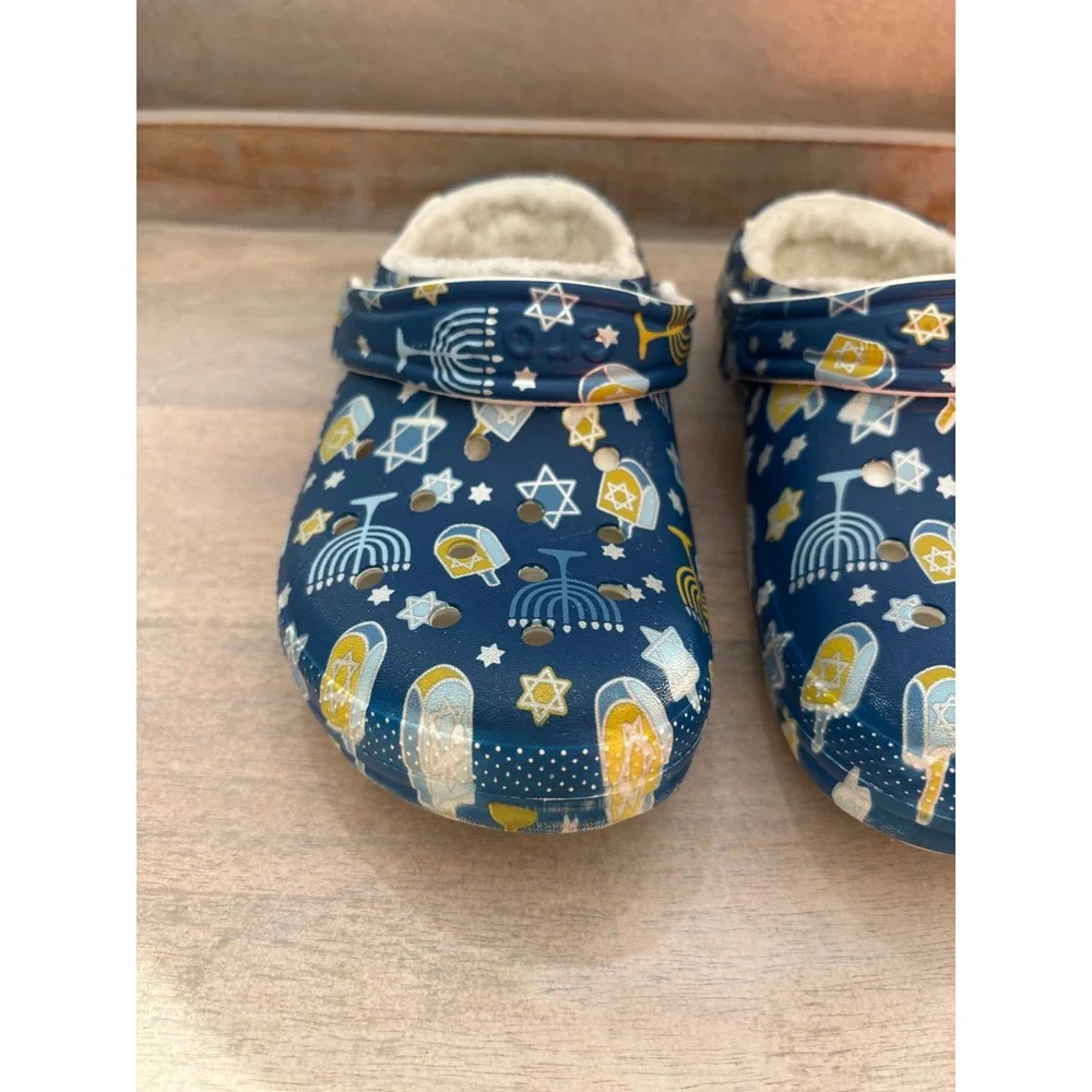 Crocs Hanukkah Classic Lined Clogs Navy Blue Menorah Dreidel Holiday Kids Sz 1